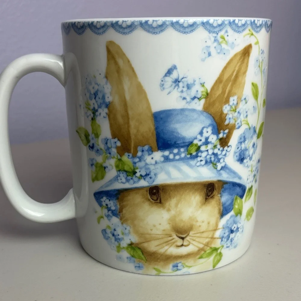 Giant Xl Floral Easter Bluebell Bunny XL Mug with Blue Hat Double Side Design
